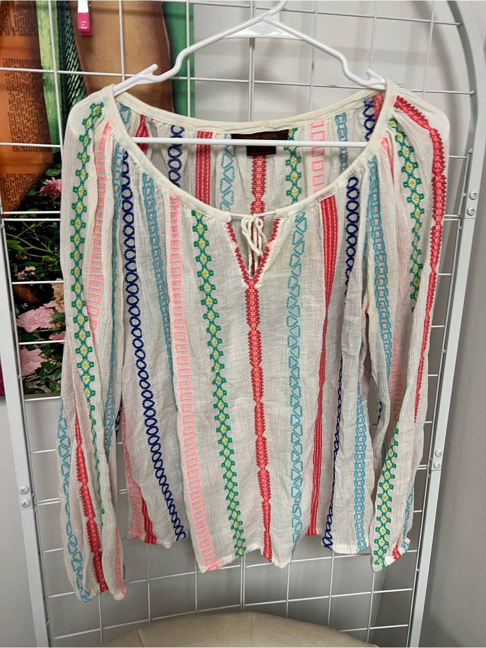 Cream Multicolor Embroidered Peasant Blouse with Tie Neck